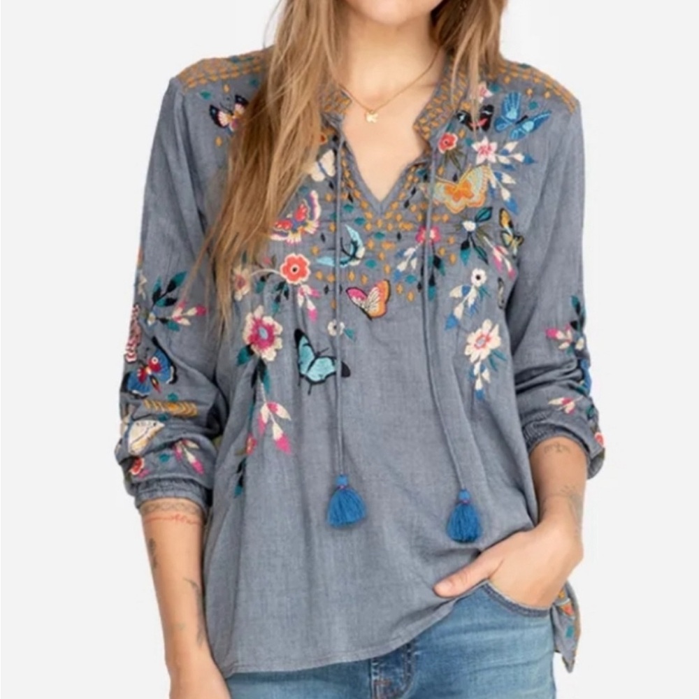 Johnny Was Mariposa Effortless Peasant Blouse Embroidery Silk Tassels XL
